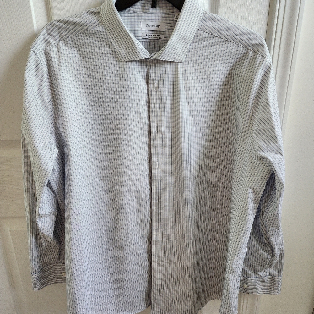 Calvin Klein Men's Dress Gingham Stretch Dress Shirt Blue Cloud Sz.19 34/35
